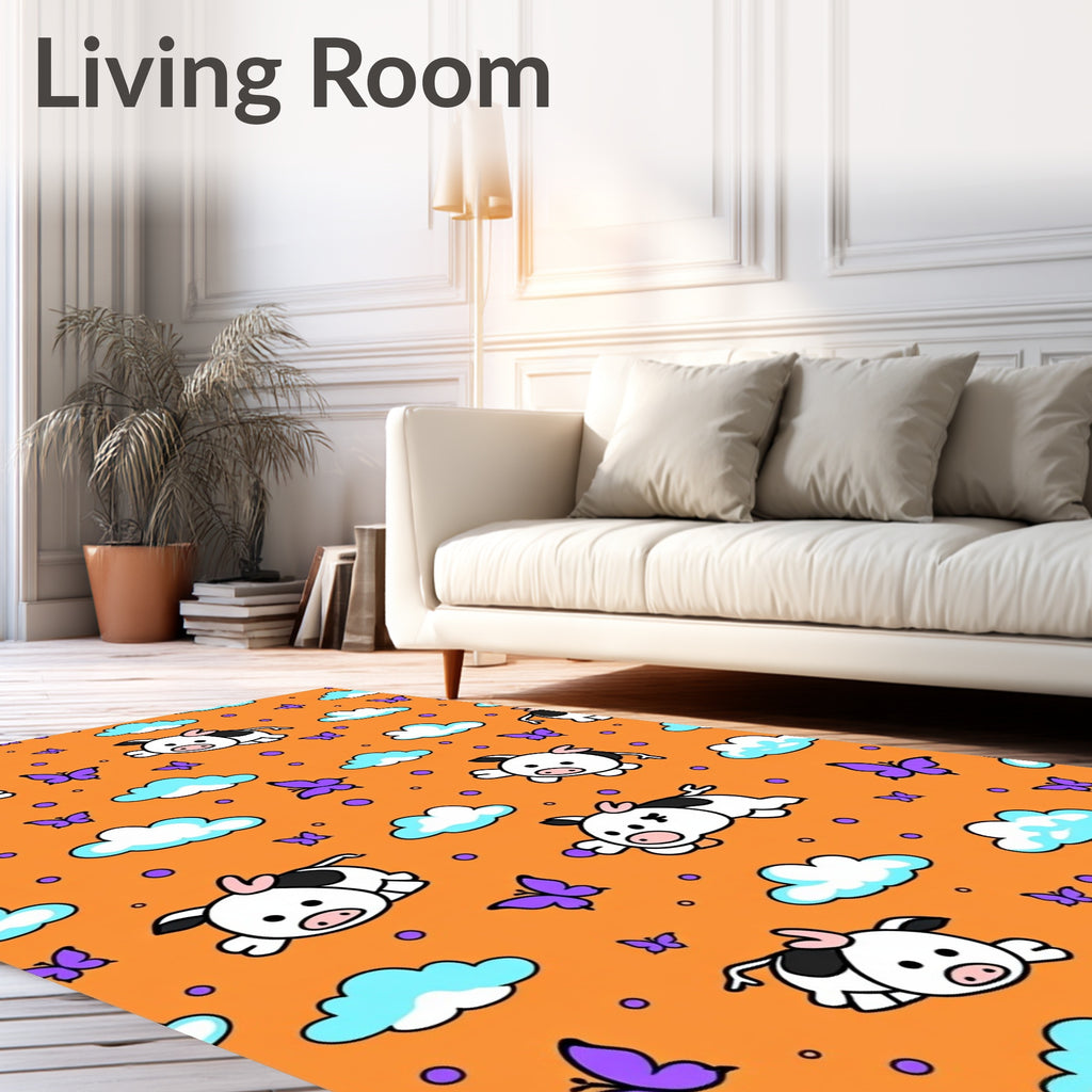 Cute Cows Butterflies Orange Sky Rug