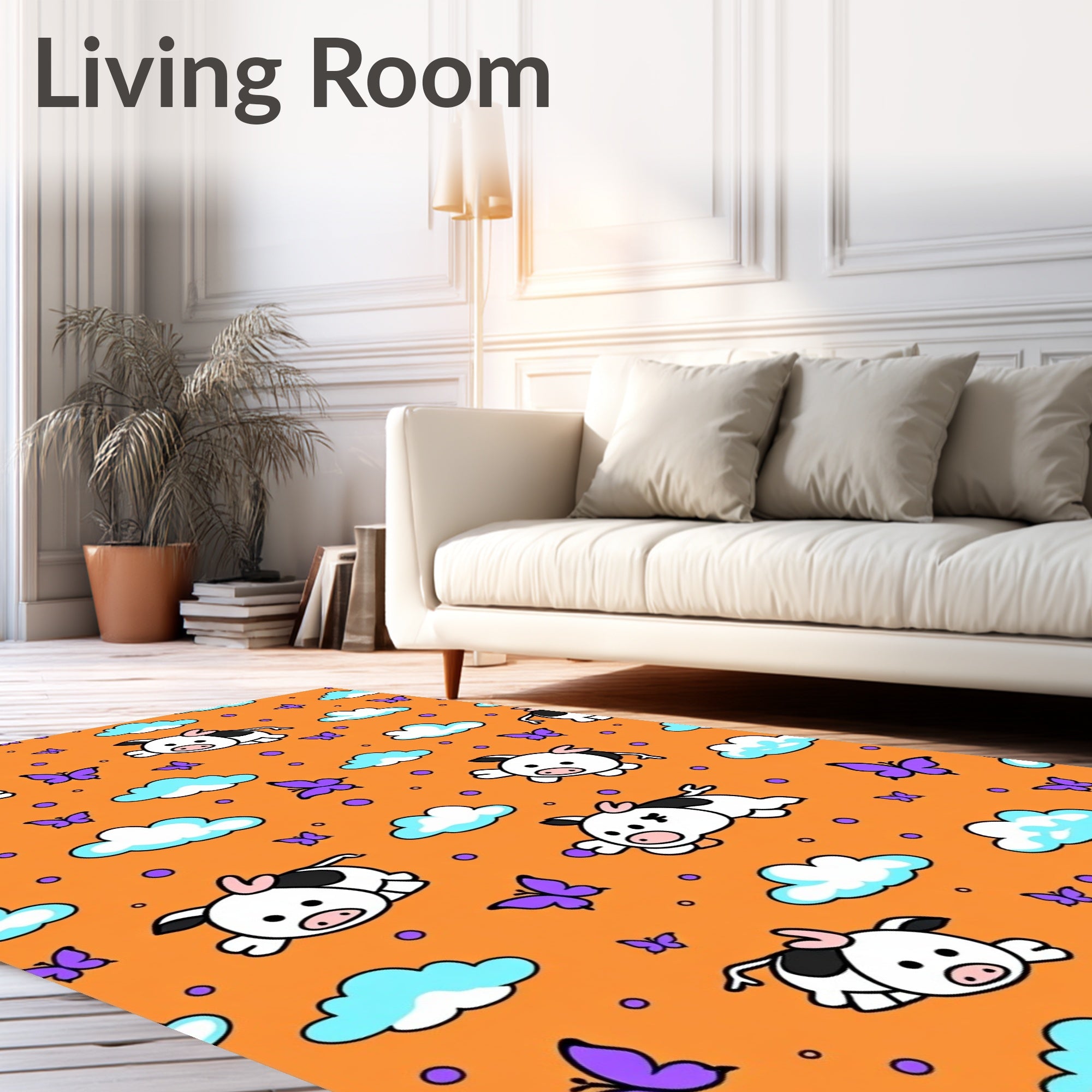 Cute Cows Butterflies Orange Sky Rug