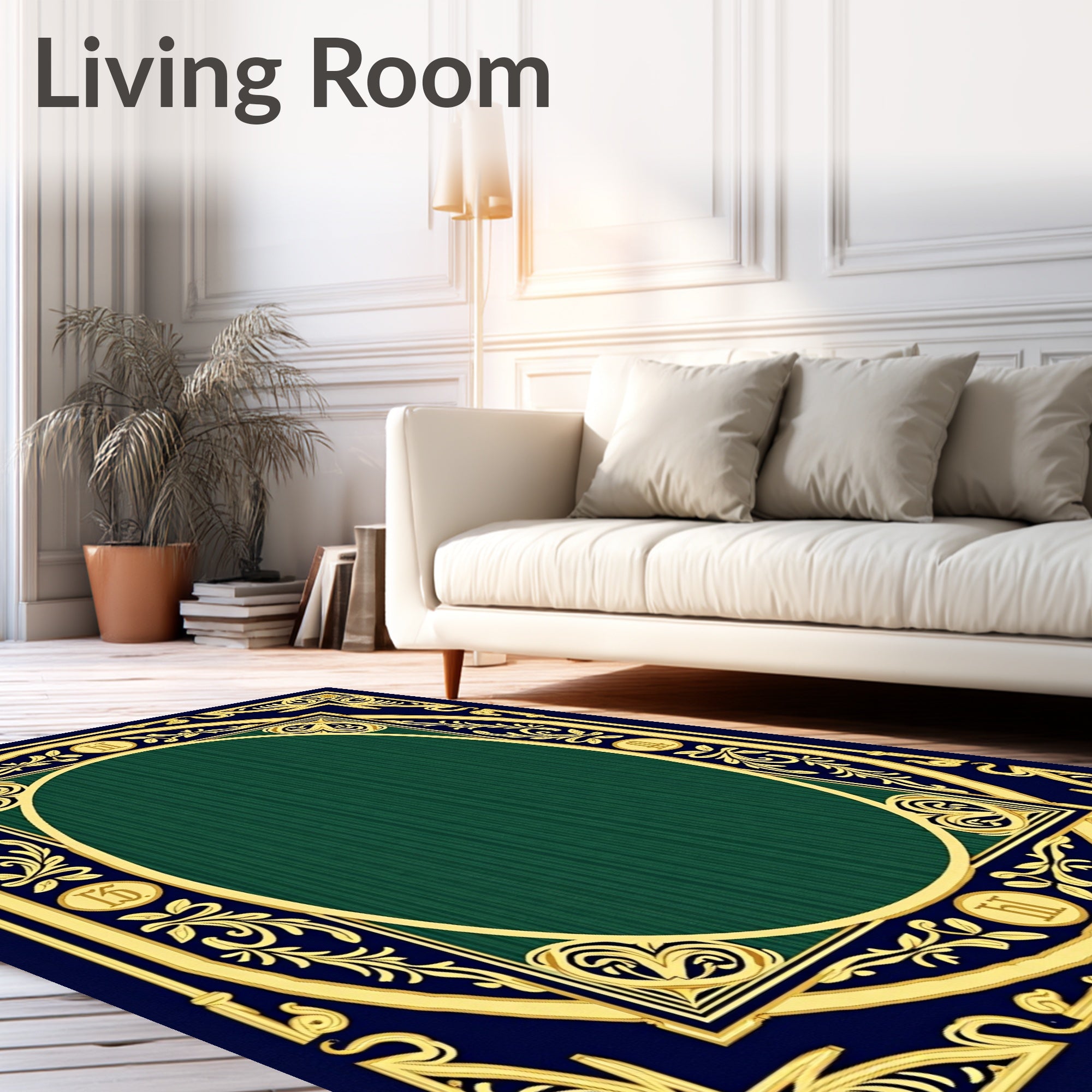 Rich Teal Oval Frame Leafy Border Rug