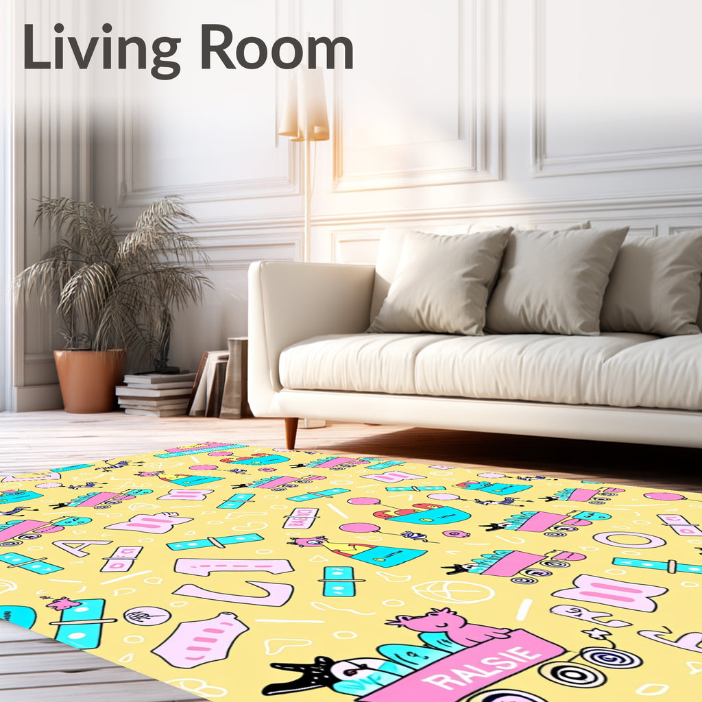 Whimsical Pink Blue Yellow Character Train Rug