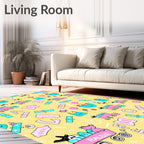 Whimsical Pink Blue Yellow Character Train Rug