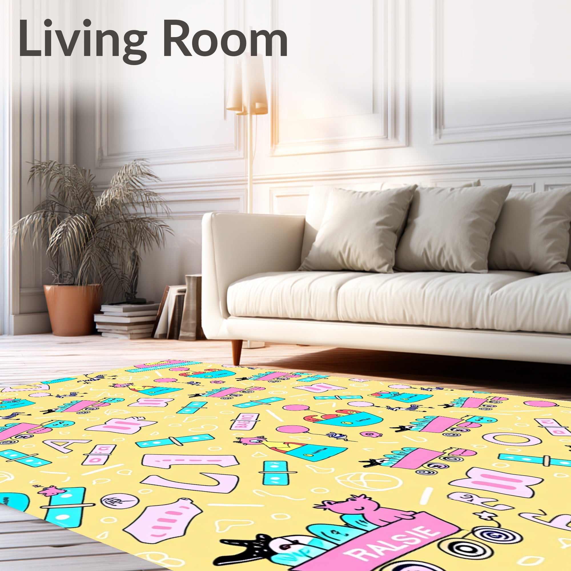 Whimsical Pink Blue Yellow Character Train Rug
