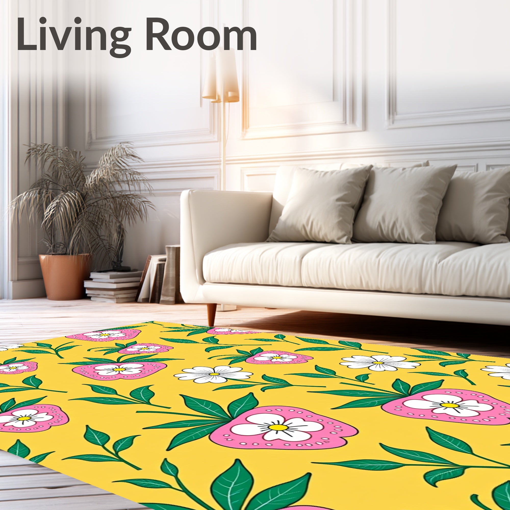 Pink Strawberry White Flower Yellow Background Rug