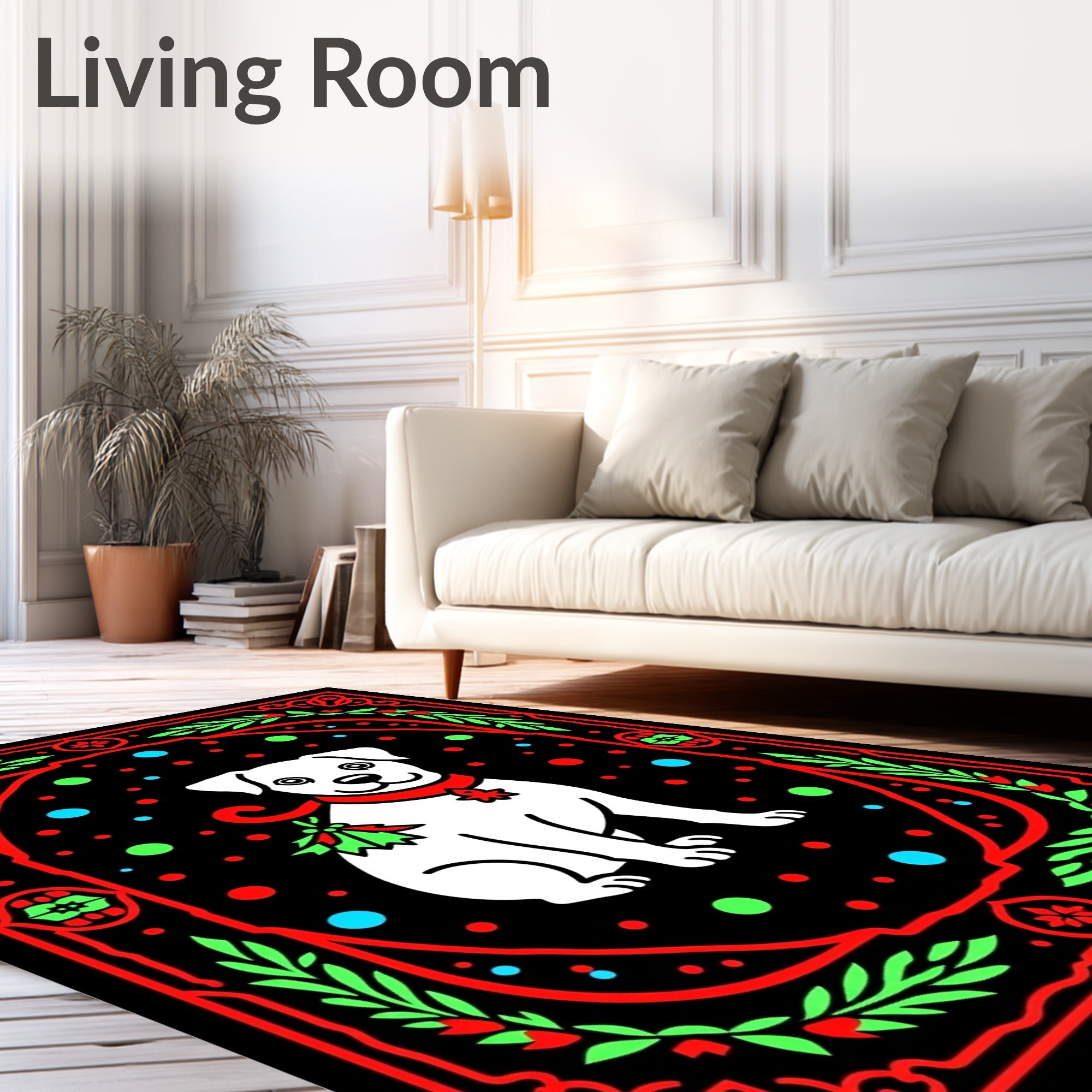 Festive white dog with red accents Rug