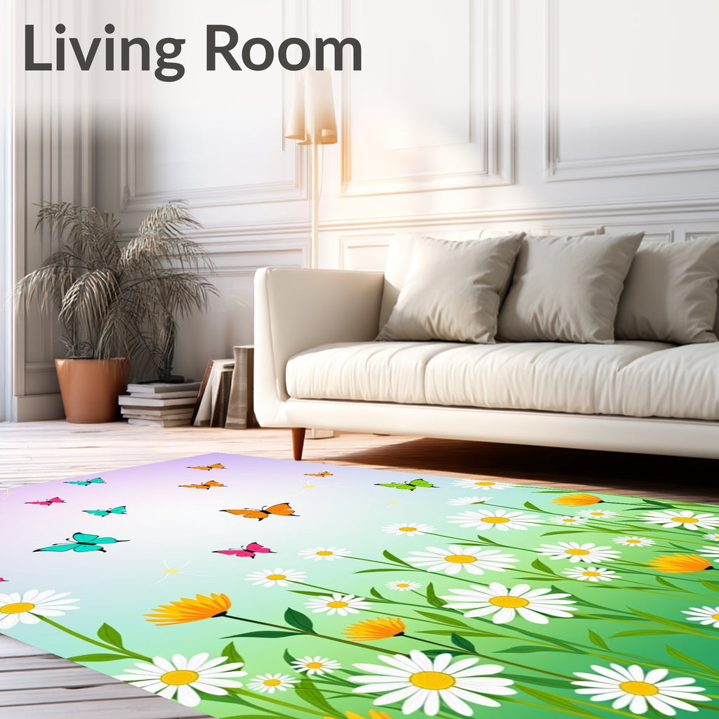 Whimsical Butterflies and Daisies Meadow Rug