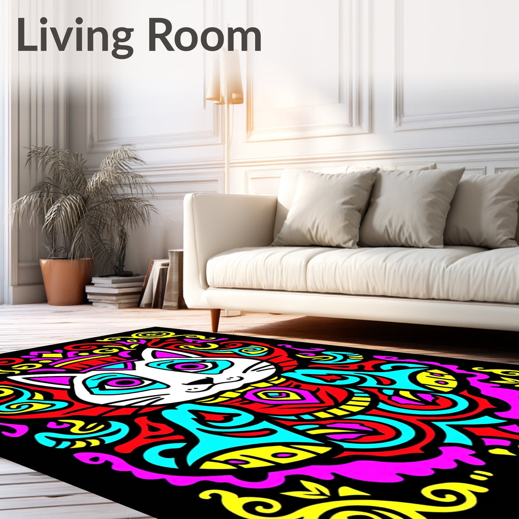 Vibrant King Cat Psychedelic Swirls Rug