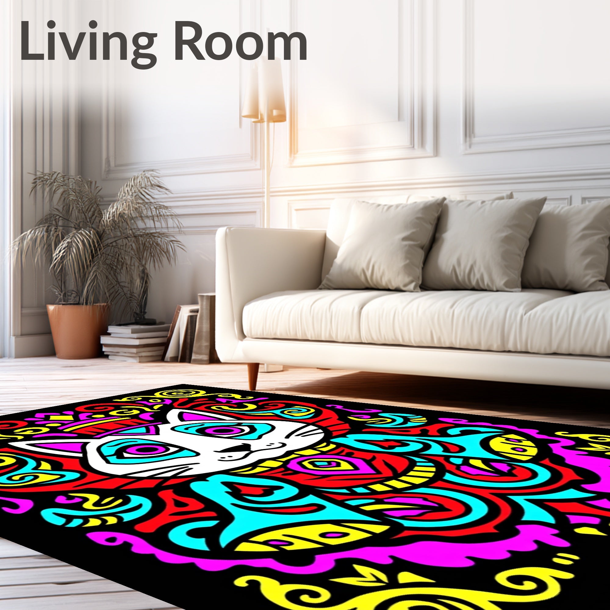 Vibrant King Cat Psychedelic Swirls Rug