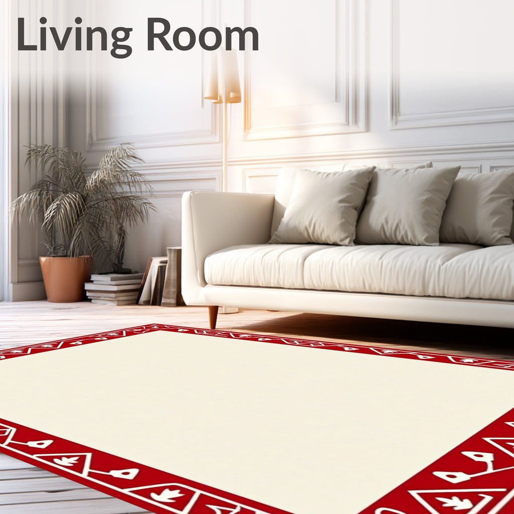 Crimson Red Geometric Folk Border Rug