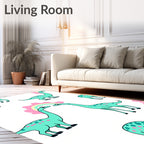 Playful Teal Dinosaur Rainbow Whimsy Rug