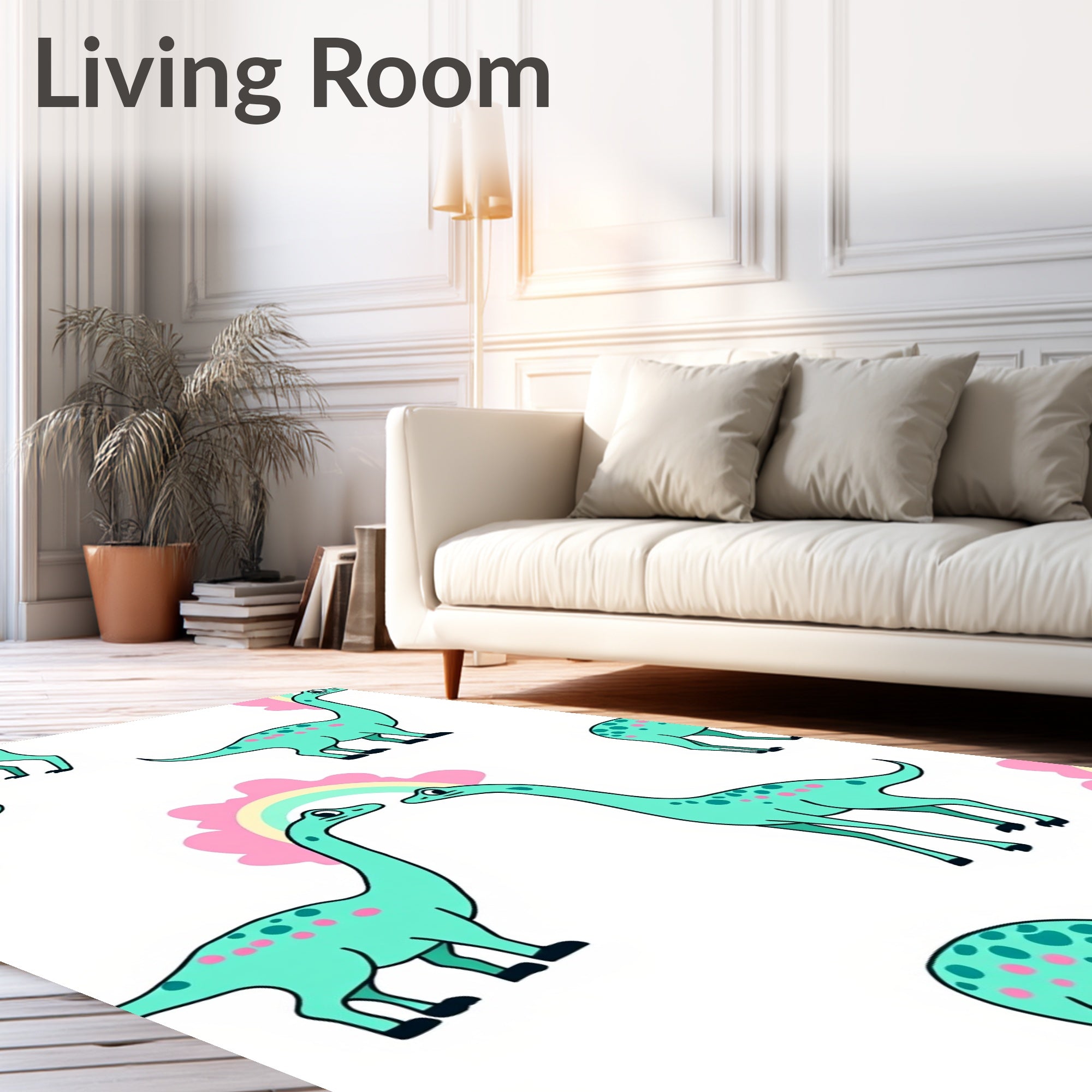 Playful Teal Dinosaur Rainbow Whimsy Rug