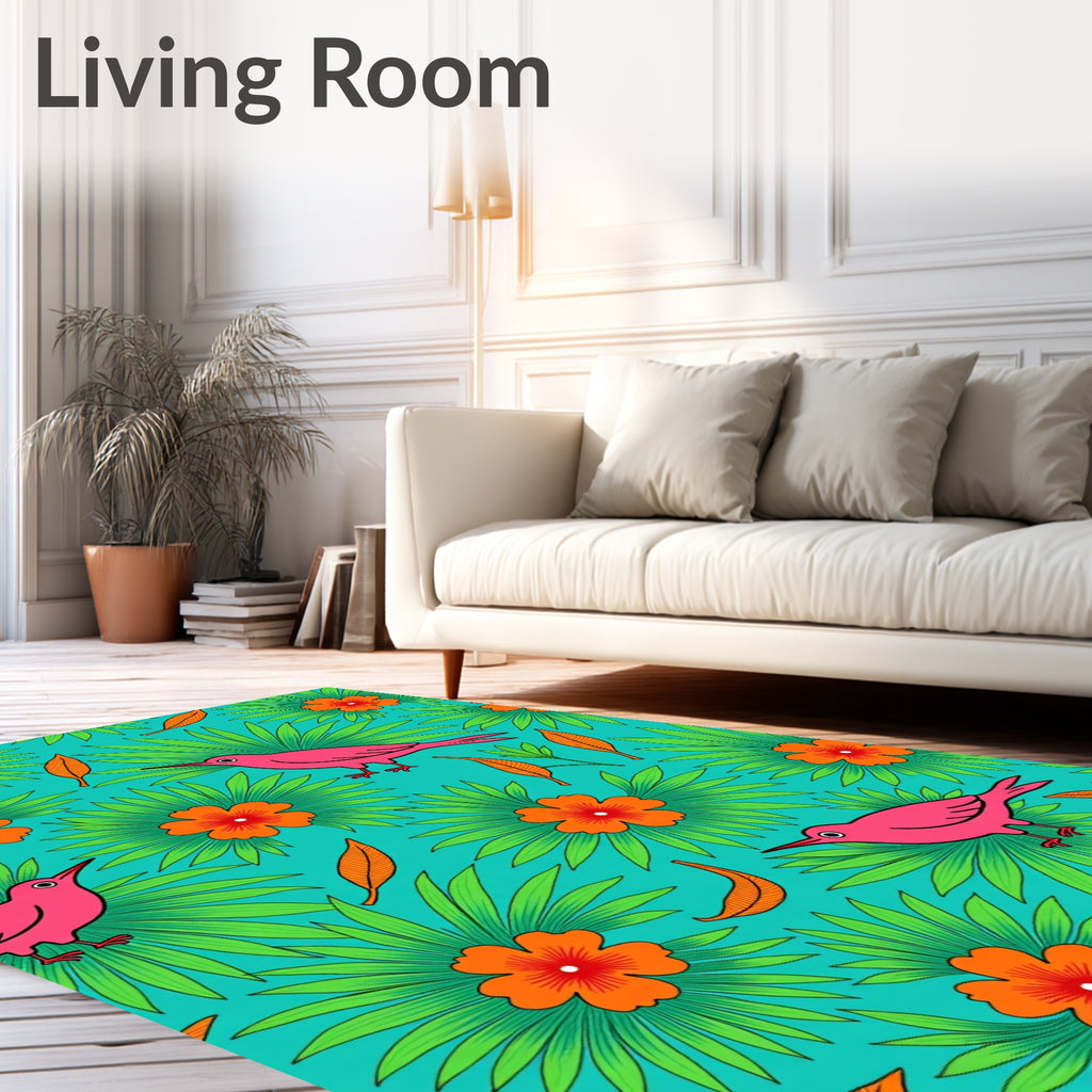 Bright Pink Birds Orange Flowers Teal Jungle Rug