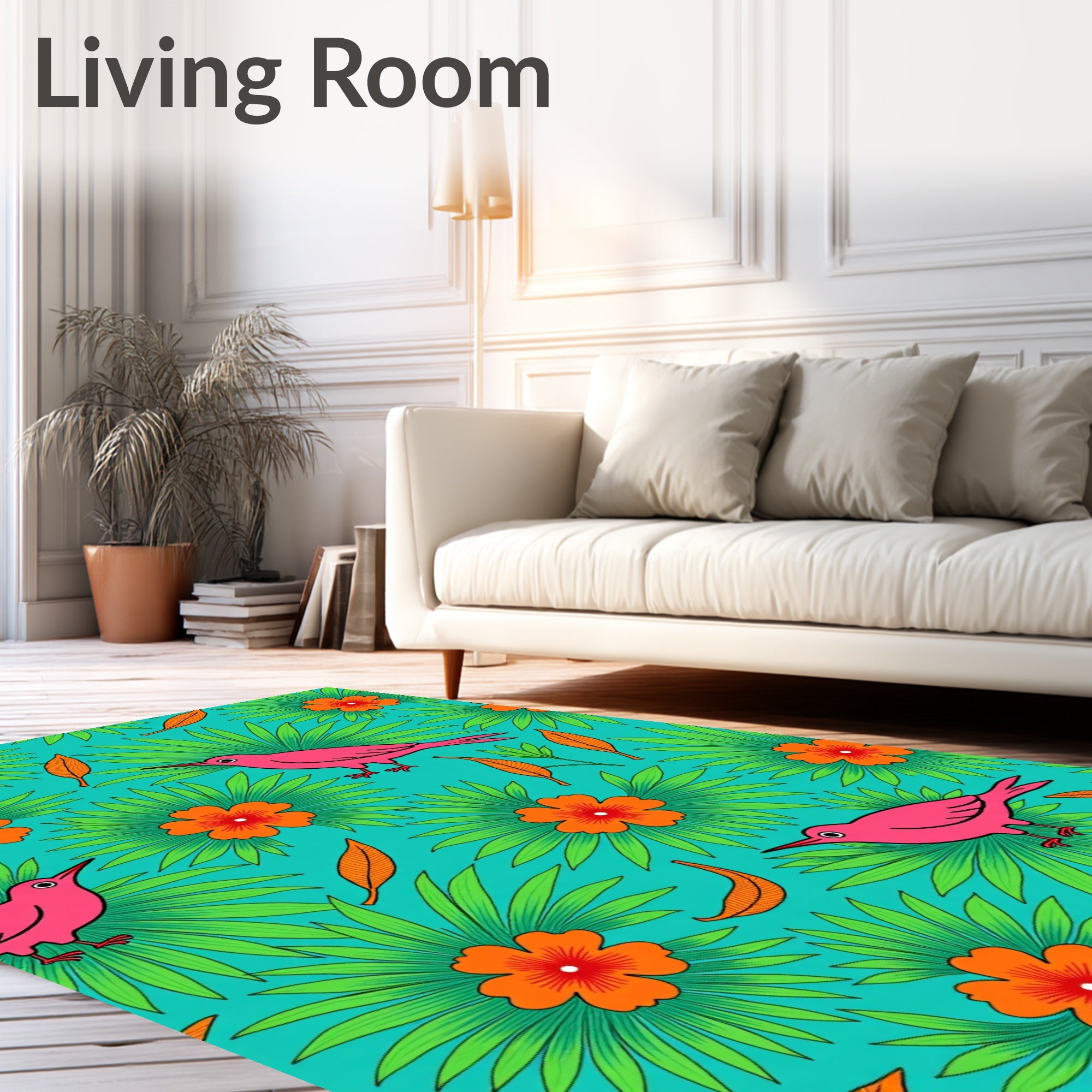 Bright Pink Birds Orange Flowers Teal Jungle Rug