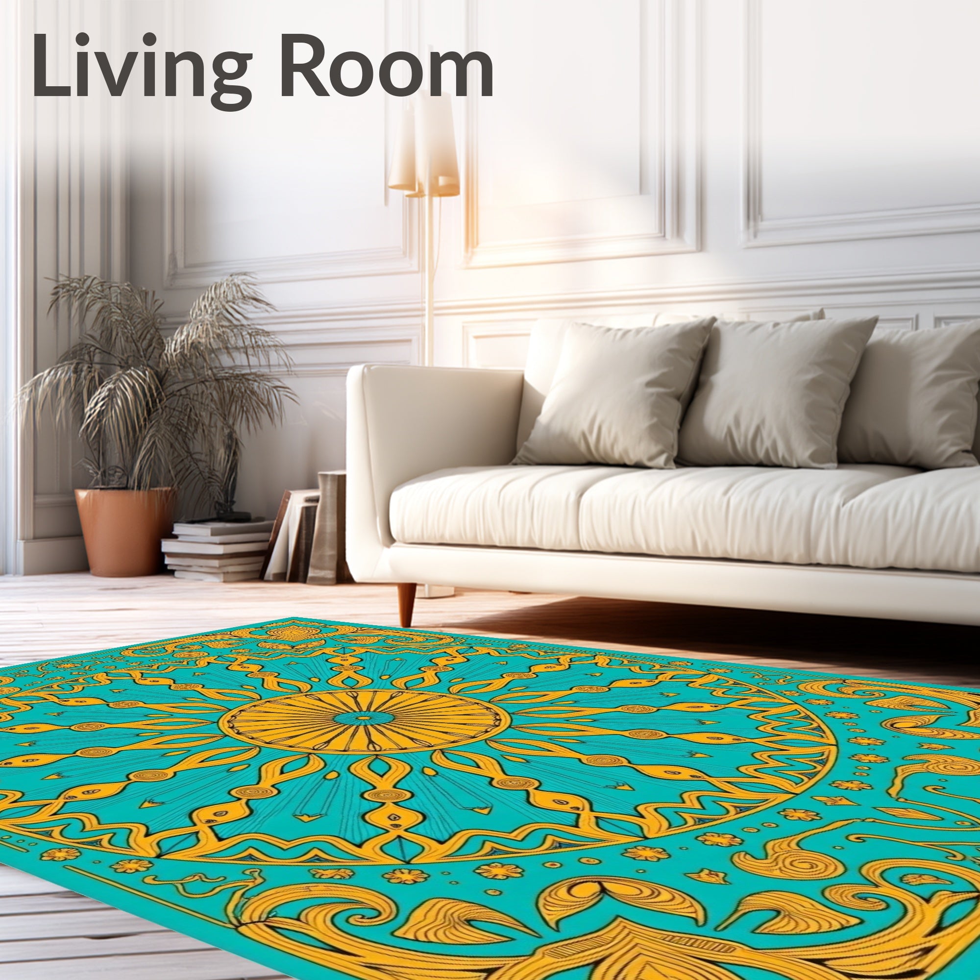 Golden Sunburst Turquoise Mandala Rug