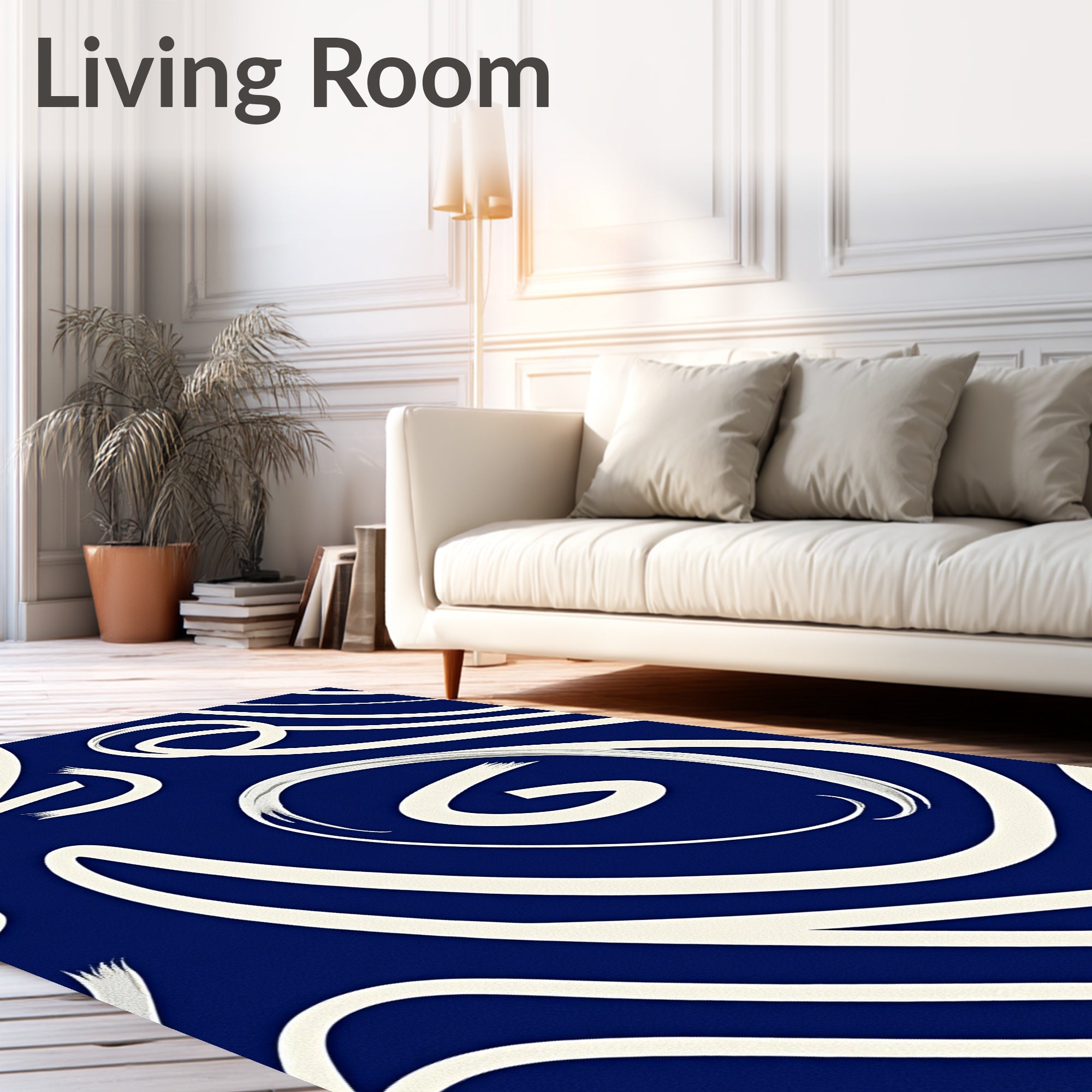 Indigo Swirl Cream Abstract Ribbons Rug