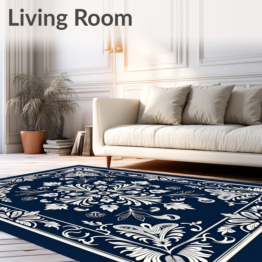 Classic Navy White Floral Medallion Rug