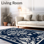 Classic Navy White Floral Medallion Rug