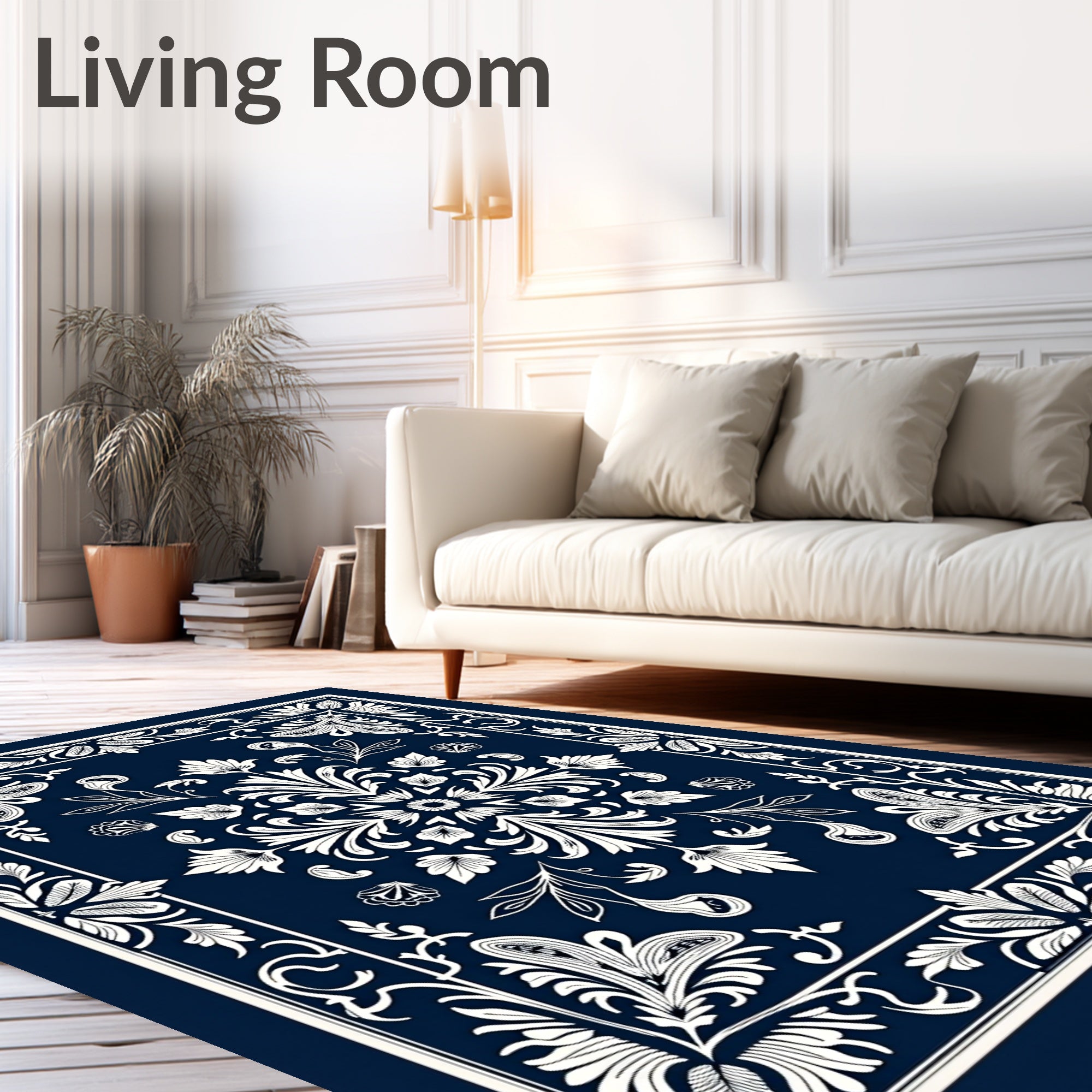 Classic Navy White Floral Medallion Rug