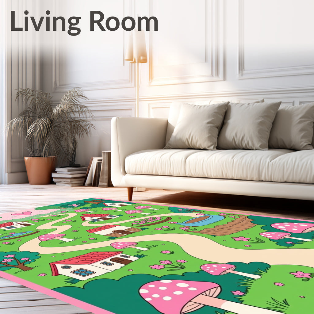 Whimsical Pink Mushroom Village Pathway Rug