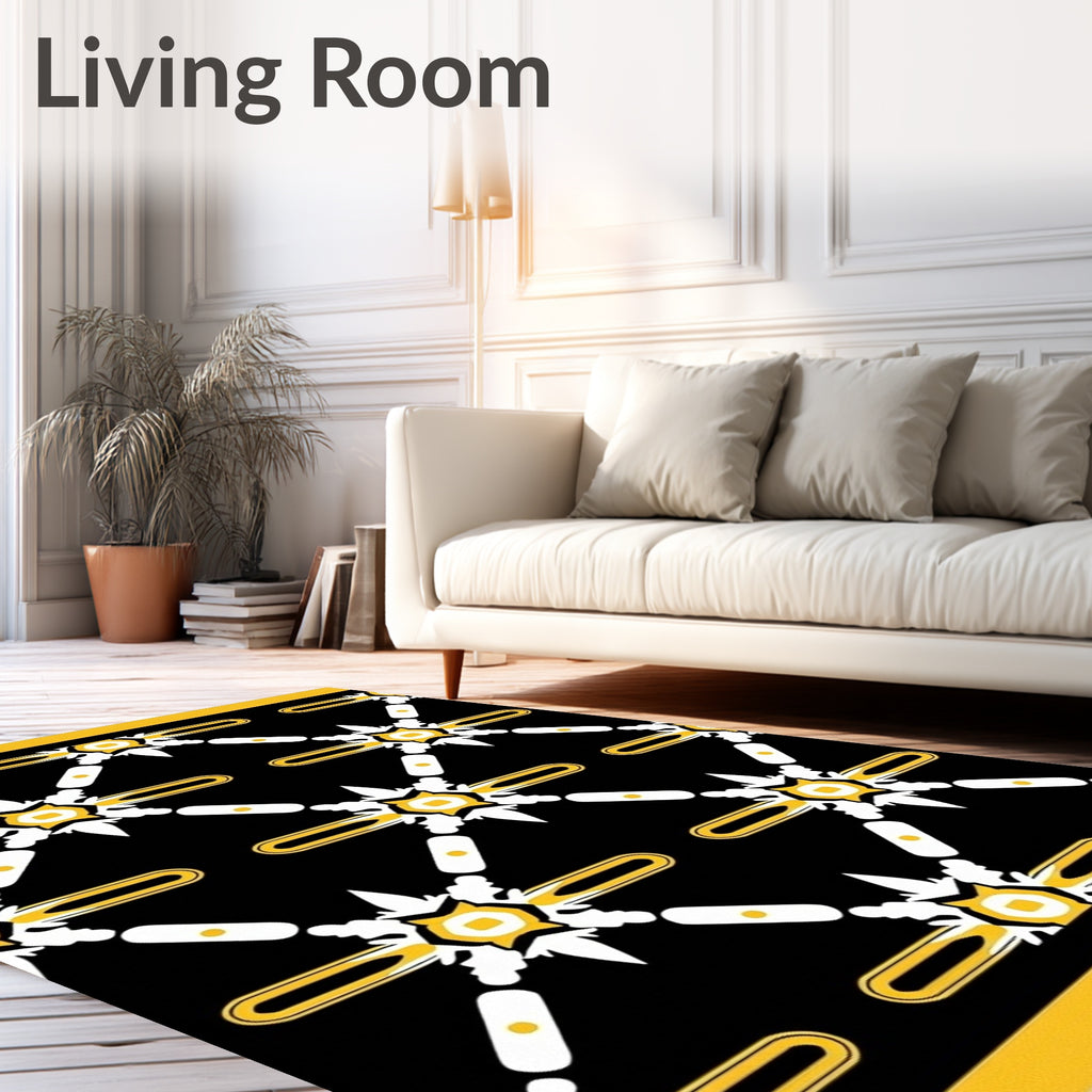 Monochrome Black Yellow Geometric Lattice Rug