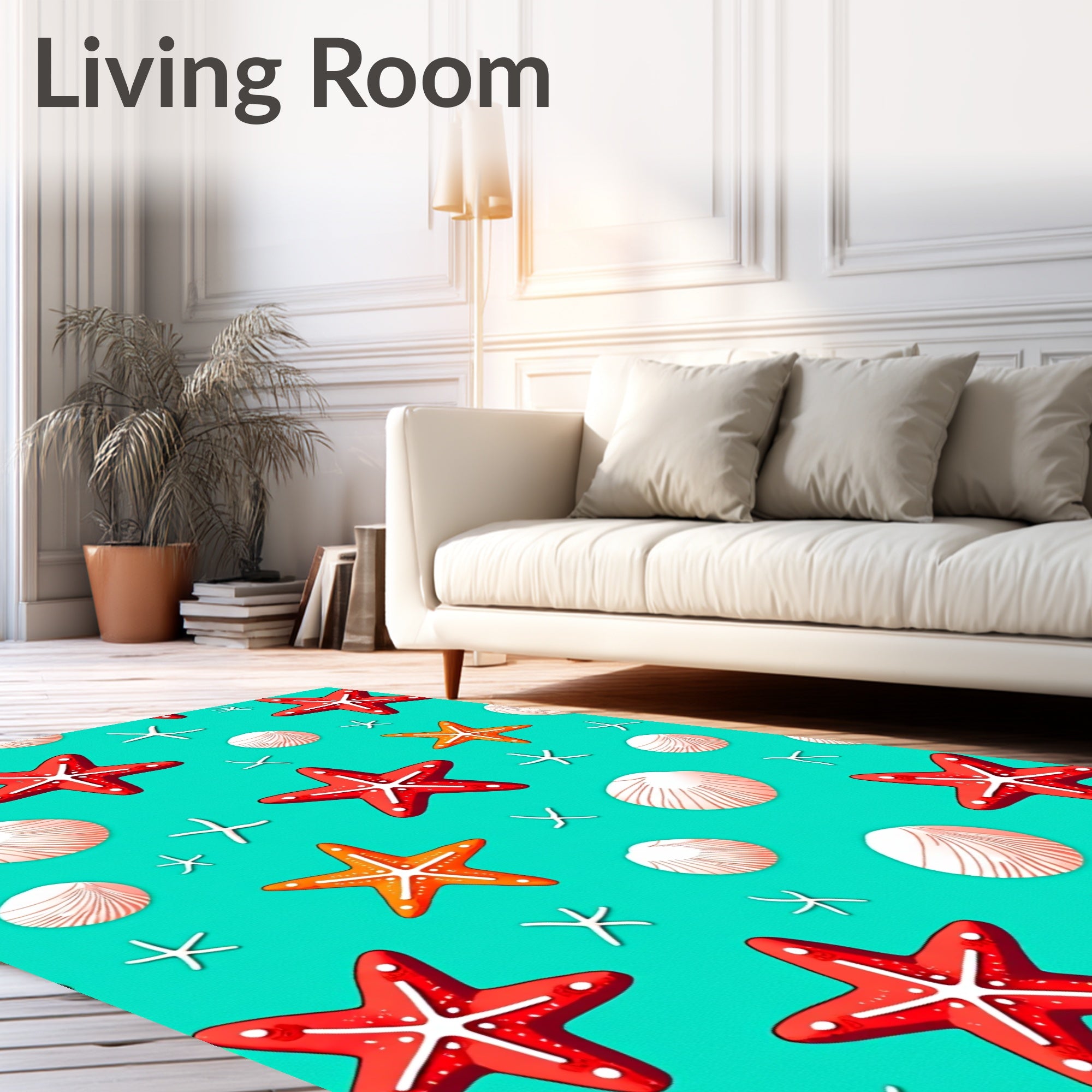 Red Orange Starfish Seashell Collection Rug