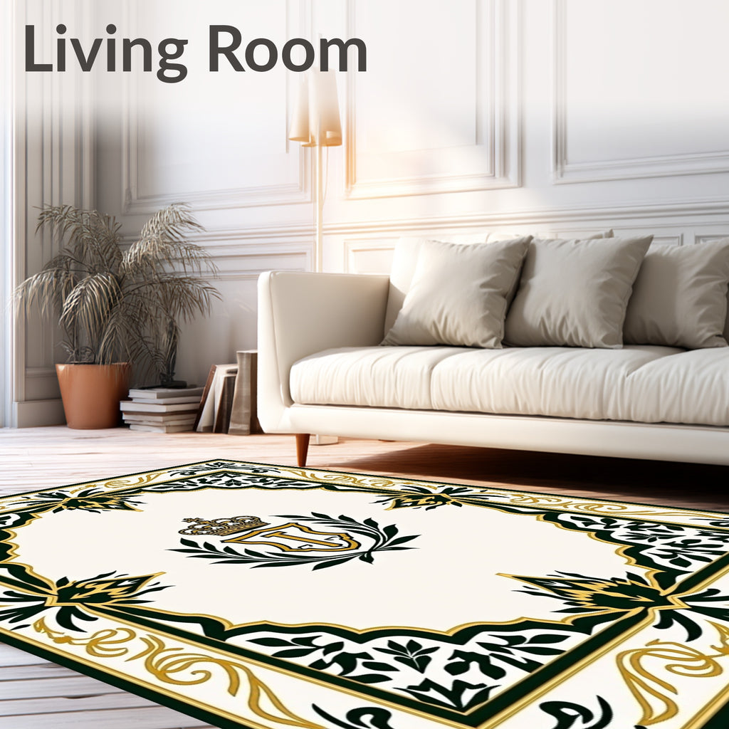 Ornate Gold and Green Crest Border Rug
