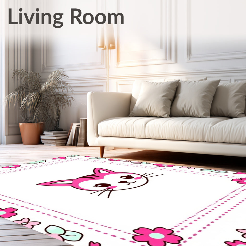 Cute Pink Kitty Flower Border Rug