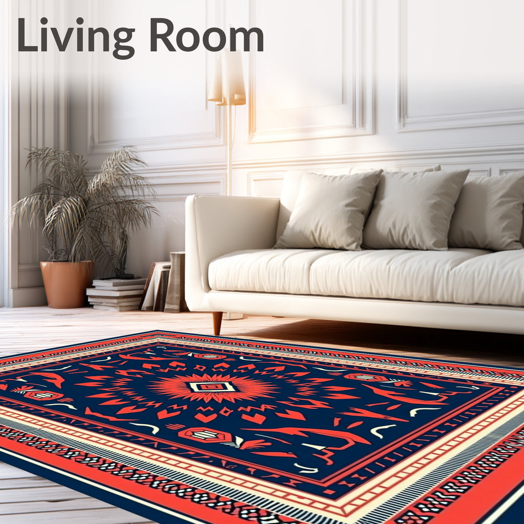 Bold Crimson Medallion Navy Border Rug
