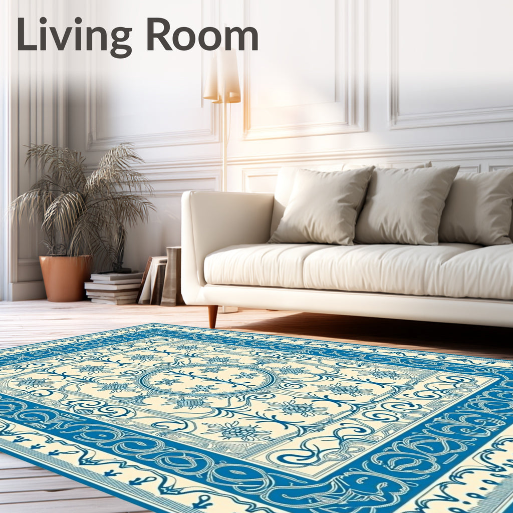 Ornate Blue Cream Floral Medallion Rug