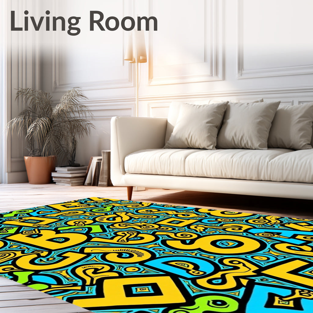 Bold Yellow Blue Groovy Letters Rug
