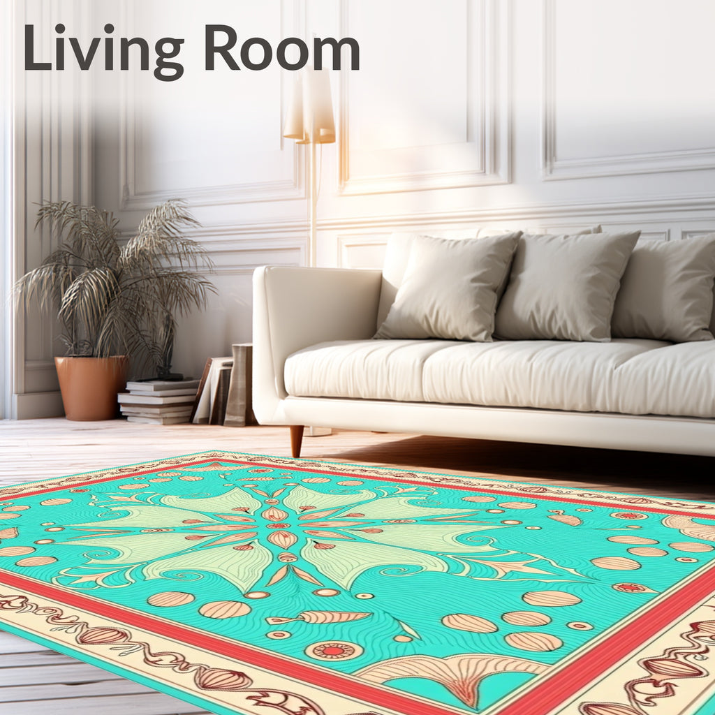 Teal Coral Medallion Floral Symmetrical Rug