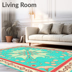 Teal Coral Medallion Floral Symmetrical Rug