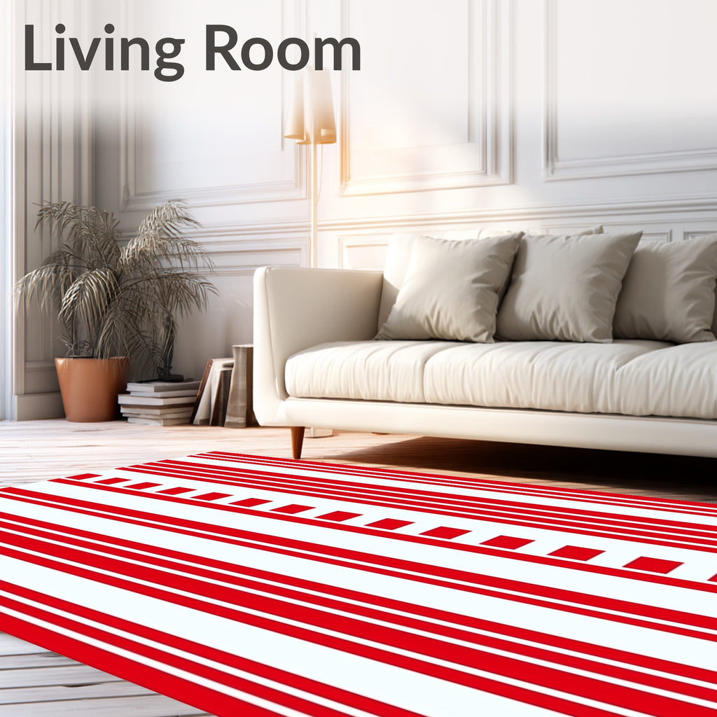 Bold Red White Vertical Stripe Squares Rug