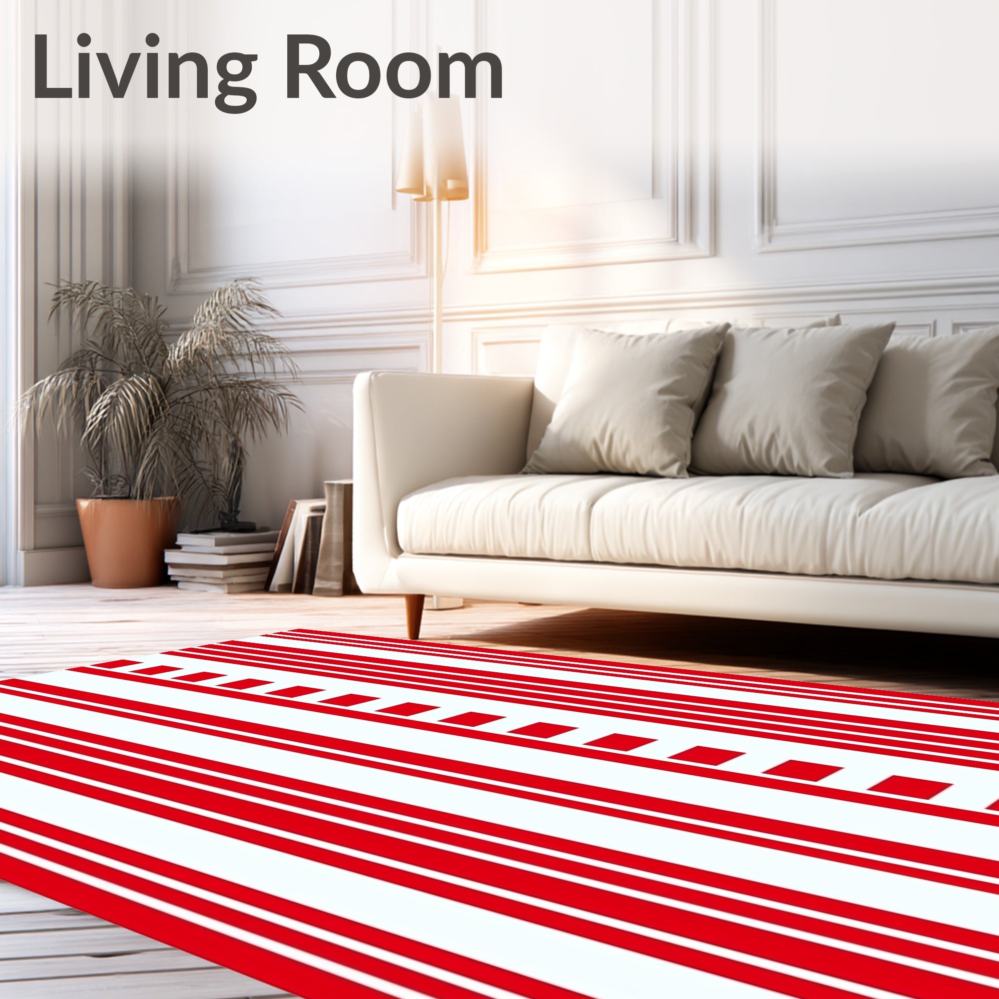 Bold Red White Vertical Stripe Squares Rug
