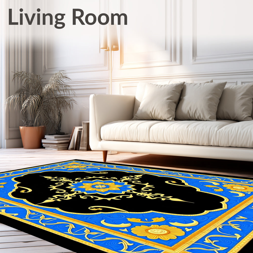 Golden Sunburst Blue Floral Bloom Rug