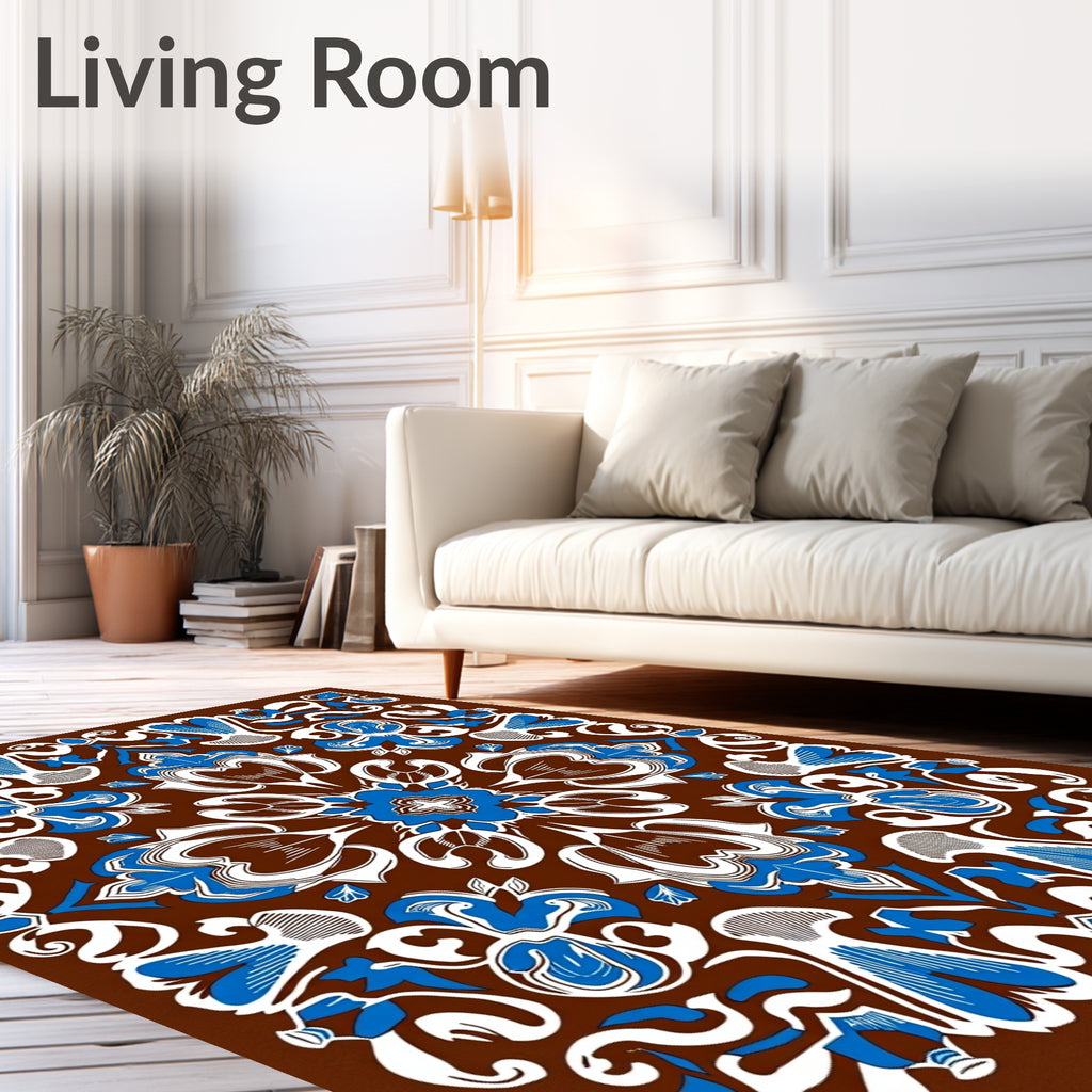 Elegant Blue White Floral Medallion Brown Rug