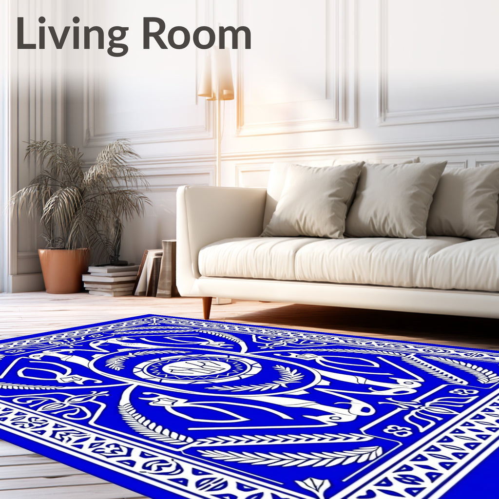 Bold Blue White Symmetric Animal Medallion Rug