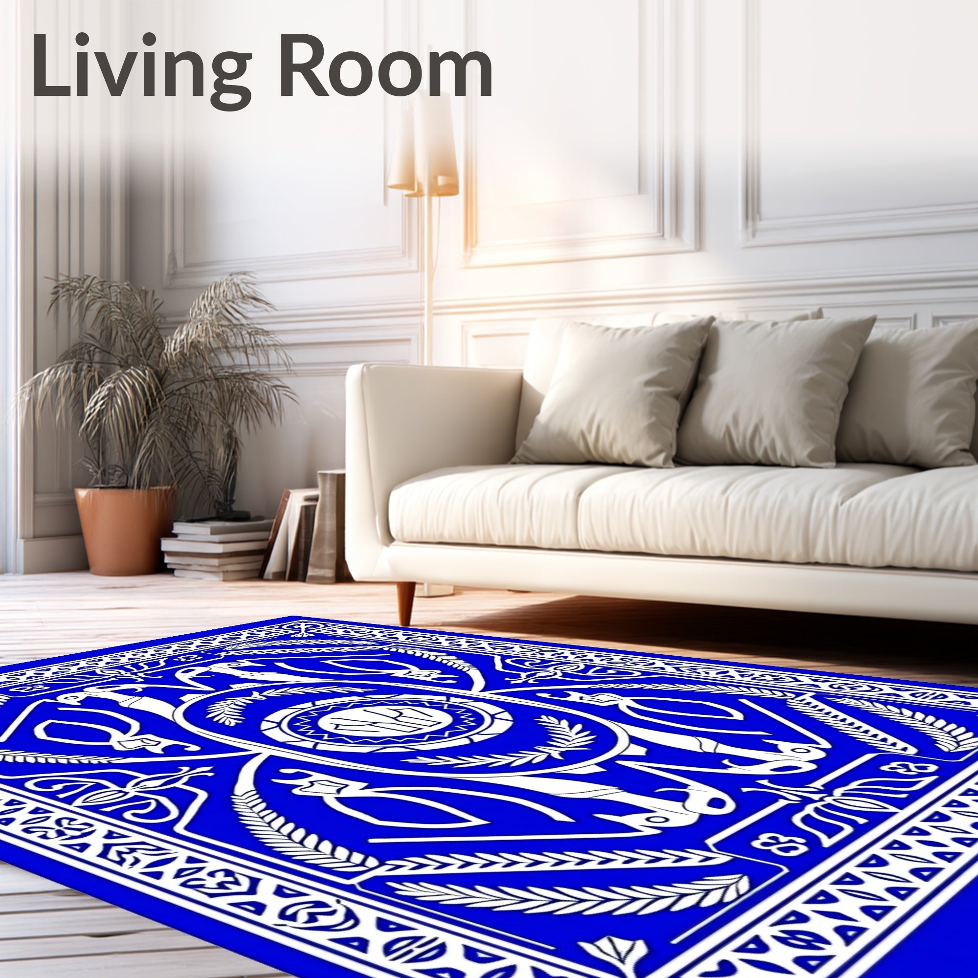 Bold Blue White Symmetric Animal Medallion Rug