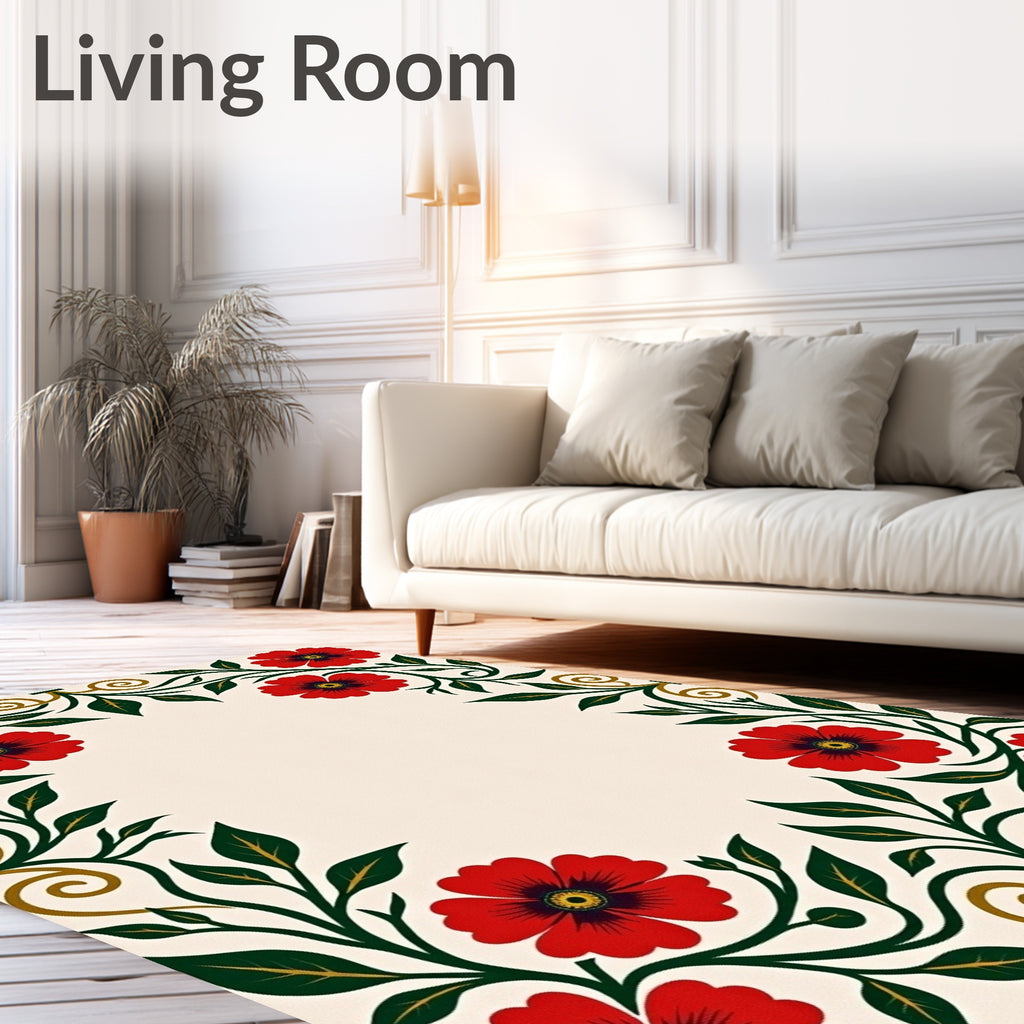Vibrant Red Floral Scroll Border Rug