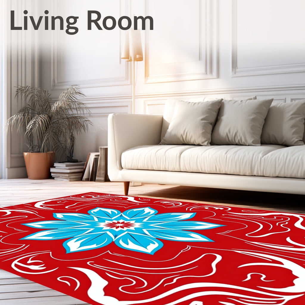 Red Blue Floral Medallion Swirl Rug