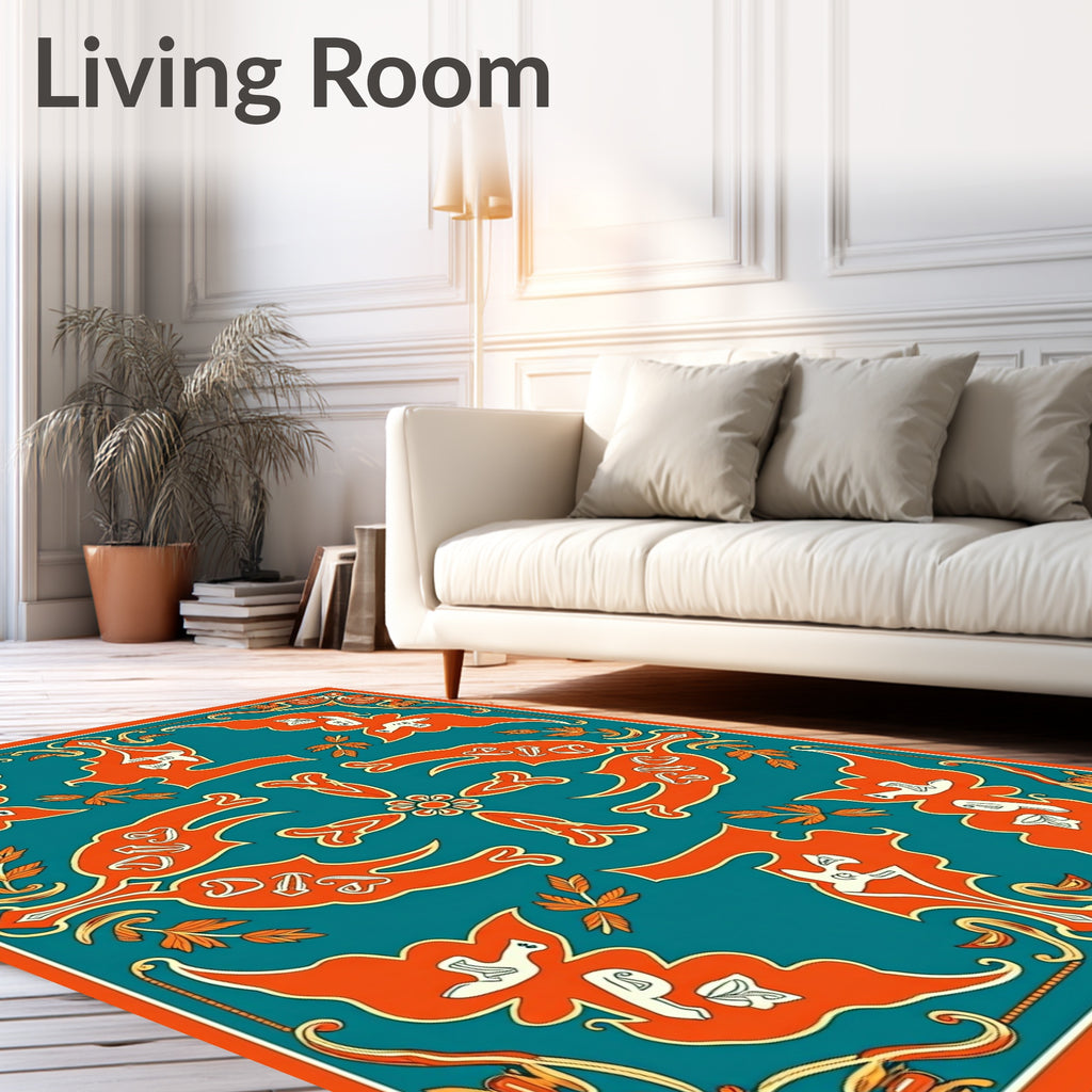 Teal Orange Floral Crested Birds Rug