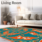Teal Orange Floral Crested Birds Rug