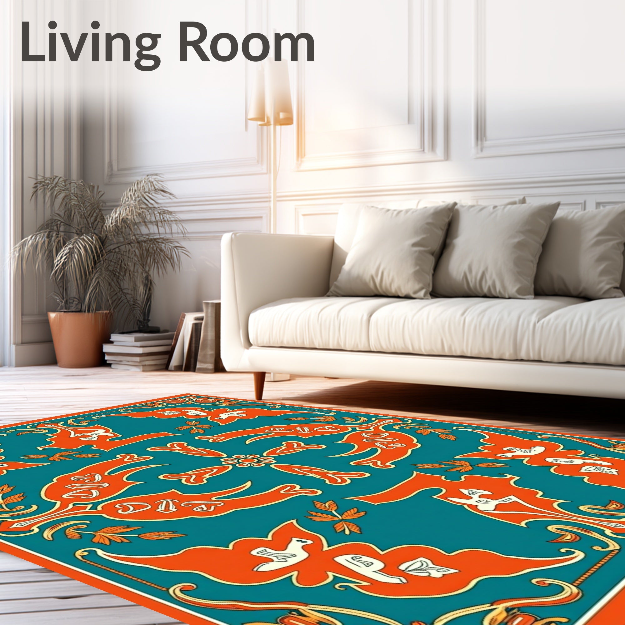 Teal Orange Floral Crested Birds Rug