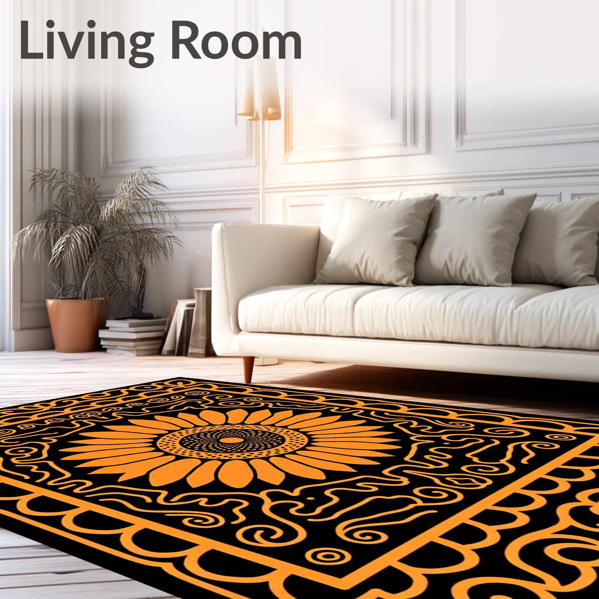 Bright Orange Sunflower Folk Art Rug