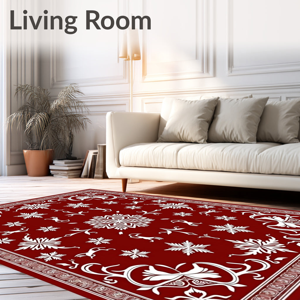 Crimson Snowflakes And Deer Folk Art Rug