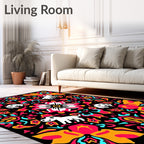 Vibrant Floral Dog Medallion Black Rug