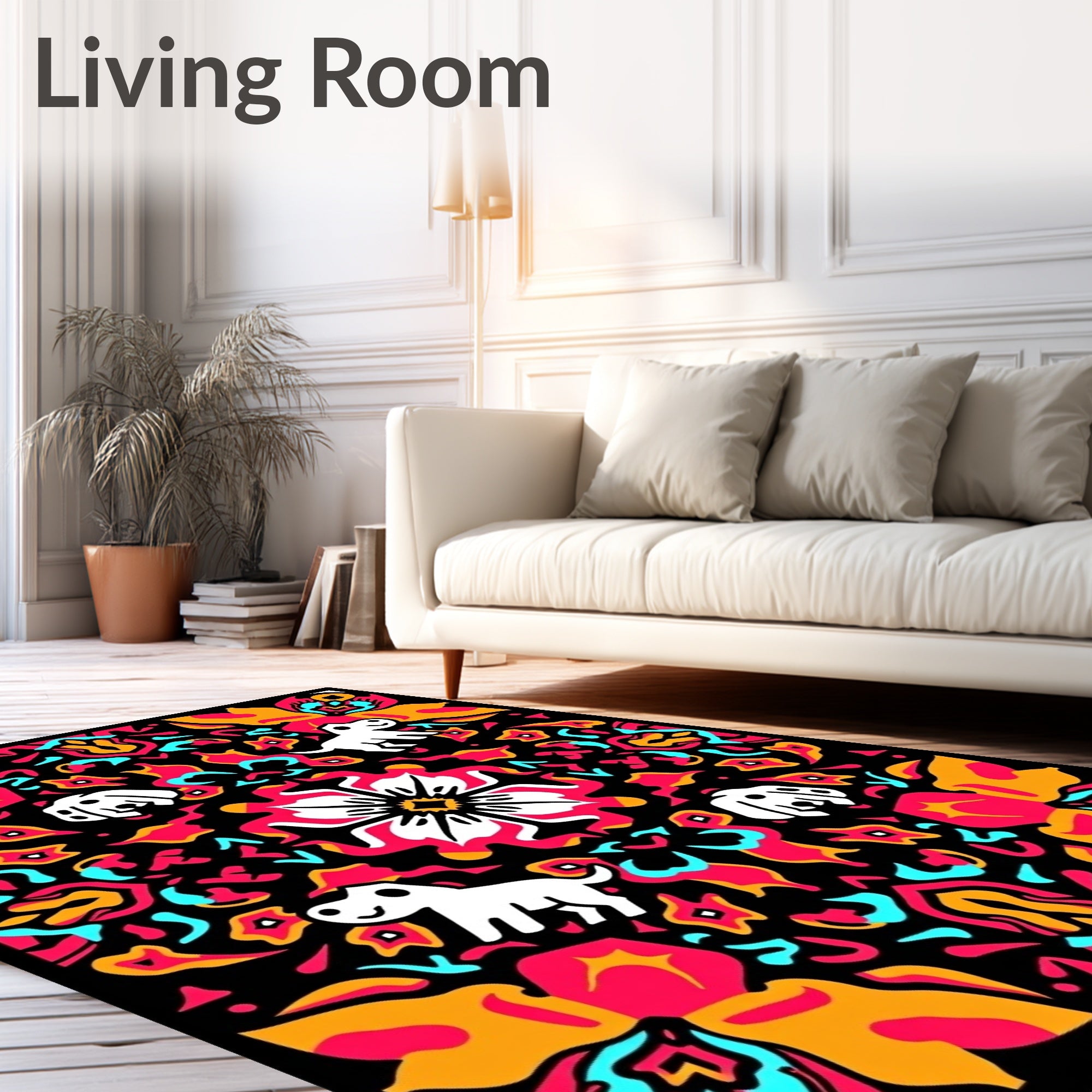 Vibrant Floral Dog Medallion Black Rug