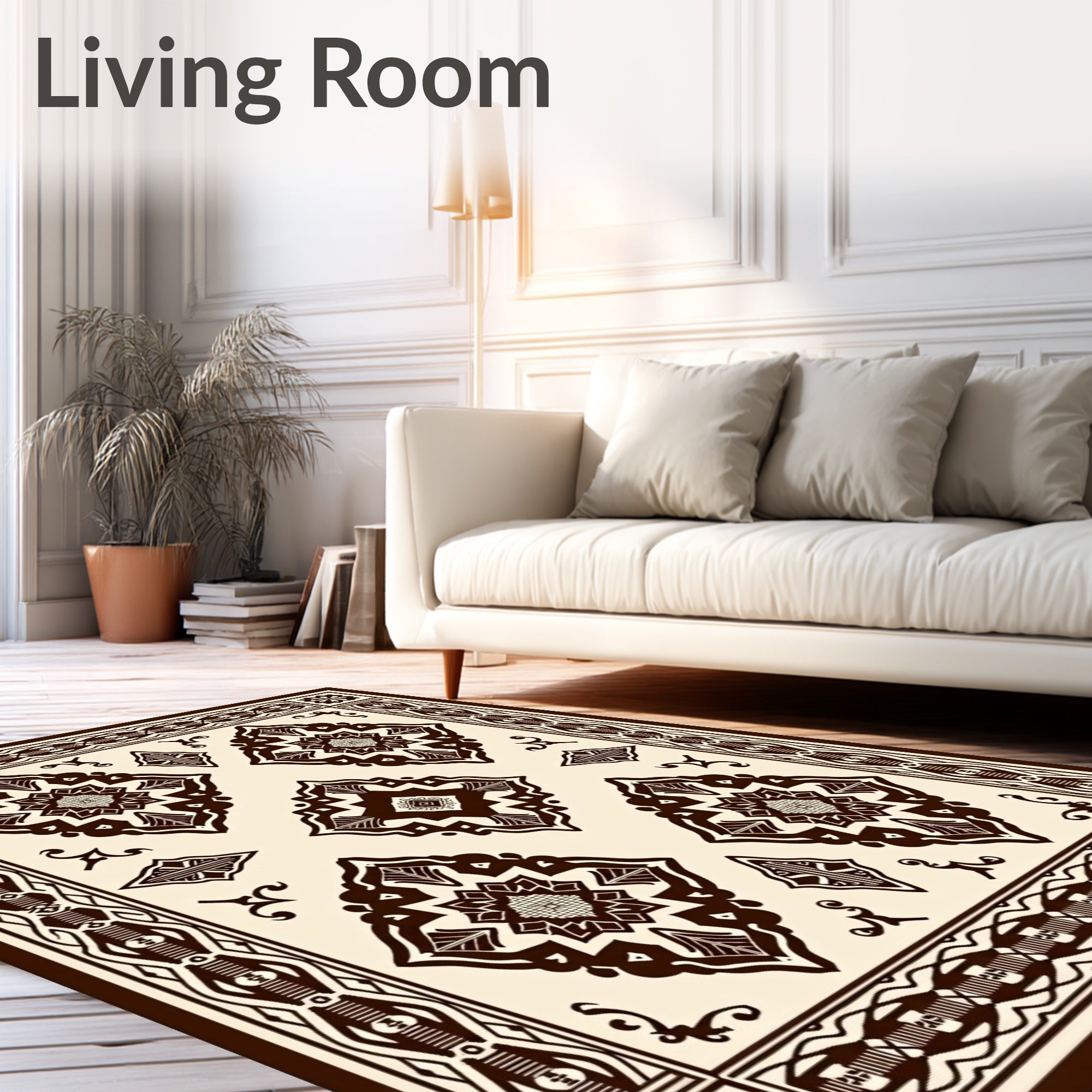 Dark Brown and Cream Medallion Border Rug