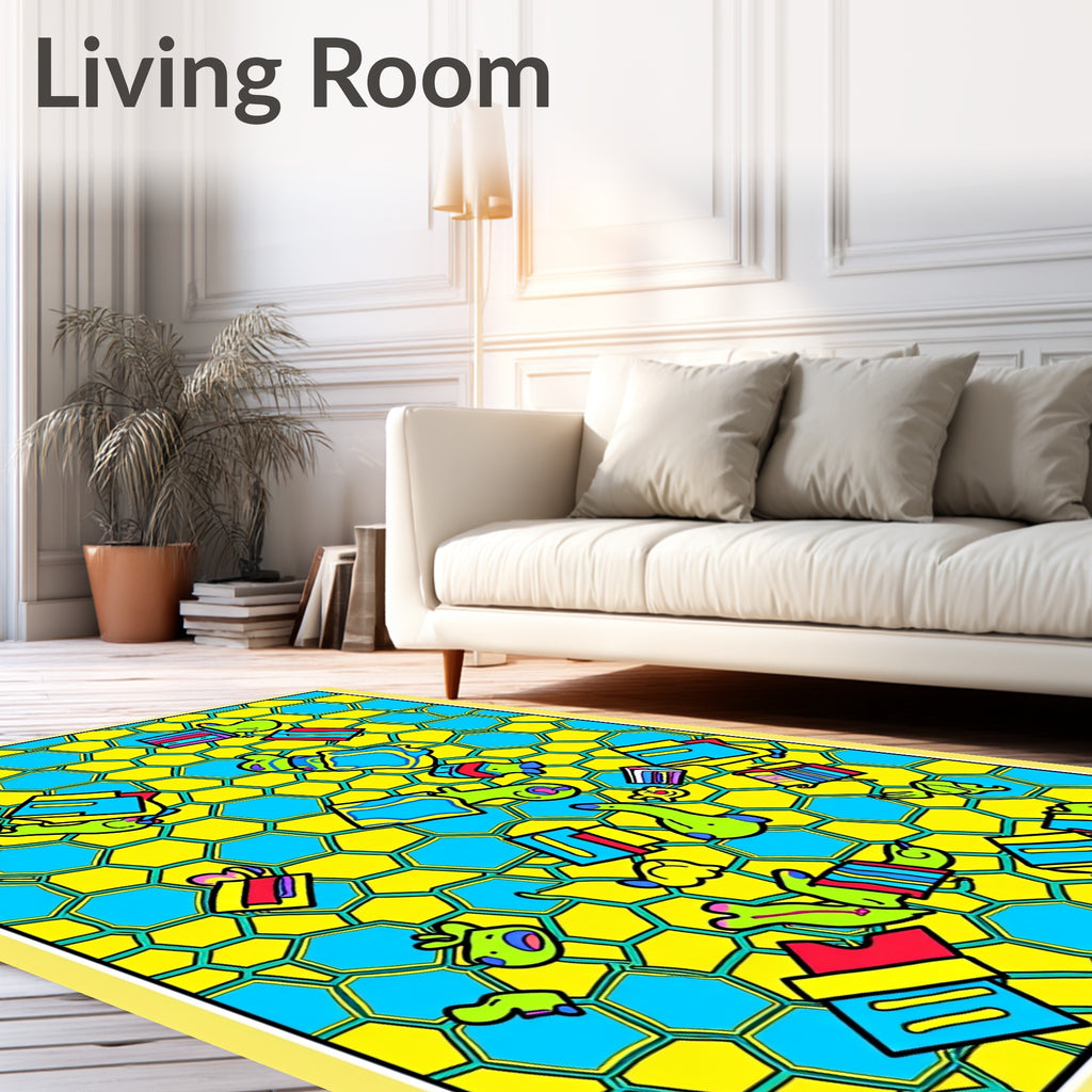 Whimsical Yellow Blue Cartoon Creatures Rug