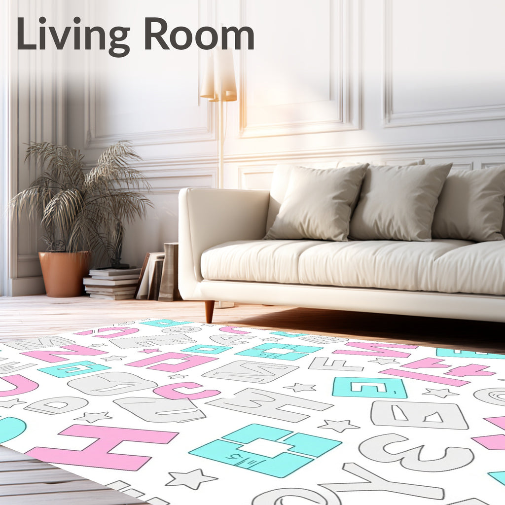 Retro Letter Collage Pink Aqua Gray Rug