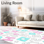 Retro Letter Collage Pink Aqua Gray Rug